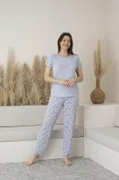 Kısa Kollu Yuvarlak Yaka Desenli Viskon Kadın Pijama Takımı Estiva 25109 Gri
