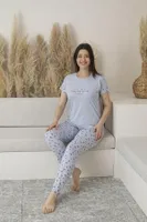 Kısa Kollu Yuvarlak Yaka Desenli Viskon Kadın Pijama Takımı Estiva 25109 Gri görsel 4