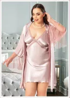 Kolları Tüllü Saten Büyük Beden Saten Gecelik Sabahlık Takımı Miss Laris 6014 Pudra
