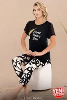 Kolu Dantelli Desenli Kısa Kollu Kapri Kadın Pijama Takımı Lady 12071 Siyah detay görünüm
