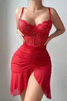 Korse Görünümlü Önden Büzgülü Dantelli Fantazi Gecelik Ruselin 2241 Kırmızı