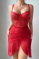 Korse Görünümlü Önden Büzgülü Dantelli Fantazi Gecelik Ruselin 2241 Kırmızı detay görünüm