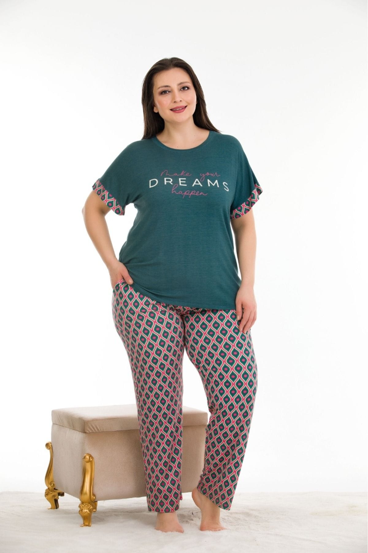 Koyu Yeşil Büyük Beden Kısa Kollu Pijama Takımı Lady 10932