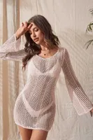 Krem Örme Pamuk Uzun Kollu Pareo Plaj Elbisesi Kimono Kaftan Angelsin MS4366 görsel 4