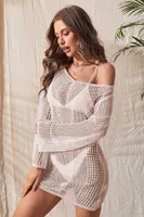 Krem Örme Pamuk Uzun Kollu Pareo Plaj Elbisesi Kimono Kaftan Angelsin MS4366 görsel 5
