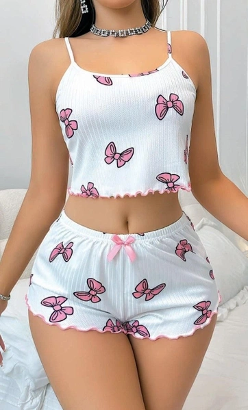 Kurdela Desenli Kısa Şortlu İnce Askılı Pijama Takım NightLight 3777