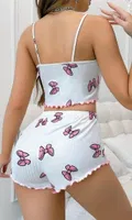 Kurdela Desenli Kısa Şortlu İnce Askılı Pijama Takım NightLight 3777 Beyaz detay görünüm