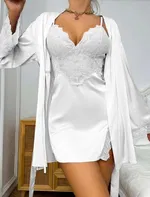 Kuşaklı Saten Sabahlık Dantelli Kısa Gecelik Takım Real Passione 3052 Beyaz