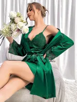 Kuşaklı Saten Sabahlık İnce Askılı Dantelli Gecelik Takım Pink Night 1531 Yeşil
