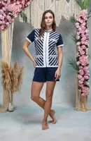 Lacivert Beyaz Çizgili Fermuarlı Şort Pijama Takımı Doreanse 25Y4079