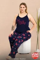 Lacivert Çiçek Desenli İnce Askılı Büyük Beden Pijama Takımı Lady 11019 Lacivert detay görünüm