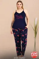 Lacivert Çiçek Desenli İnce Askılı Büyük Beden Pijama Takımı Lady 11019 Lacivert farklı açı