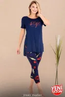 Lacivert Çiçek Desenli Kısa Kollu Rahat Kesim Viskon Kapri Pijama Takımı Lady 12074 Lacivert farklı açı