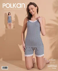 Polkan Lacivert Çizgili Askılı Viskon Şort Pijama Takım Polkan 24688