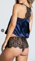 Lacivert Premium Dantelli Fantazi Saten Şort Takım Loomerie 567 Lacivert detay görünüm