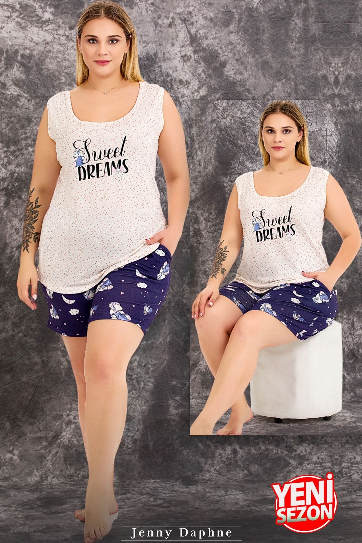 Lady Büyük Beden Gece Desenli Kısa Kollu Kollar Dantelli Şortlu Pijama Takımı 10423