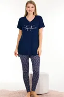 Lady Desenli V Yaka Kısa Kol T-Shirt Tayt Pijama Takımı Lady 12576 Lacivert