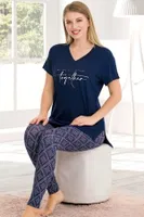 Lady Desenli V Yaka Kısa Kol T-Shirt Tayt Pijama Takımı Lady 12576 Lacivert detay görünüm