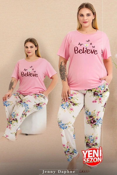 Lady Pembe Büyük Beden Çiçekli Kısa Kollu Pijama Takımı Lady 11005