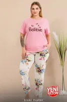 Lady Pembe Büyük Beden Çiçekli Kısa Kollu Pijama Takımı Lady 11005 Pembe detay görünüm