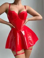 Lame Kırmızı Jartiyer İpli Fantezi Mini Seksi Elbise Real Passione 21103 Kırmızı