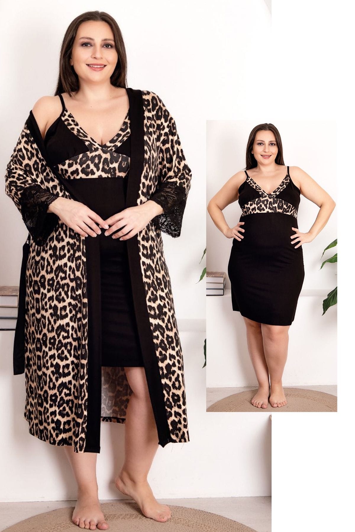 Leopar Desenli 2li Büyük Beden Gecelik Sabahlık Takımı Lady 19219
