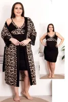 Leopar Desenli 2li Büyük Beden Gecelik Sabahlık Takımı Lady 19219 Siyah