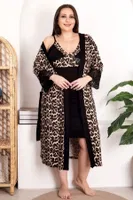 Leopar Desenli 2li Büyük Beden Gecelik Sabahlık Takımı Lady 19219 Siyah farklı açı