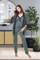 Leopar Desenli 3lü Sabahlık Pijama Takımı İzabel SB-5000 Yeşil