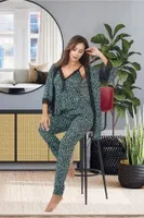 Leopar Desenli 3lü Sabahlık Pijama Takımı İzabel SB-5000 Yeşil detay görünüm