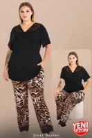 Leopar Desenli Dantel Yaka Büyük Beden V Yaka Kısa Kollu Pijama Takımı Lady 11006  Siyah