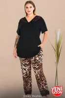 Leopar Desenli Dantel Yaka Büyük Beden V Yaka Kısa Kollu Pijama Takımı Lady 11006  Siyah detay görünüm