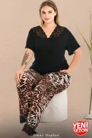 Leopar Desenli Dantel Yaka Büyük Beden V Yaka Kısa Kollu Pijama Takımı Lady 11006  Siyah farklı açı