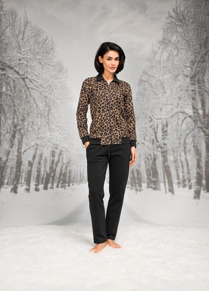 Leopar Desenli Fermuarlı Kadın Ceket Pantolon Takım Doreanse 26K4099