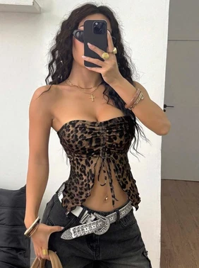 Ruselin Leopar Desenli Göbek Dekolteli Büzgülü Straplez Büstiyer Ruselin 5096