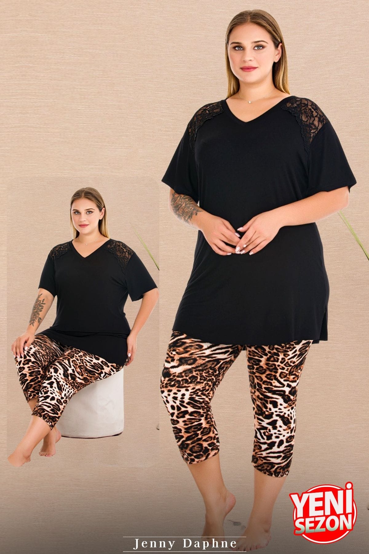 Leopar Desenli V Yaka Dantelli Omuz Kısa Kollu Büyük Beden Kapri Pijama Takımı Lady 10730