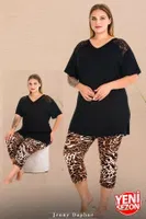 Leopar Desenli V Yaka Dantelli Omuz Kısa Kollu Büyük Beden Kapri Pijama Takımı Lady 10730 Siyah