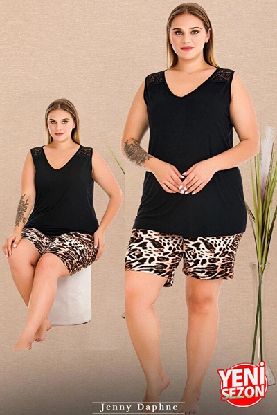 Leopar Desenli V Yaka Sıfır Kollu Büyük Beden Şortlu Pijama Takımı Lady 10438