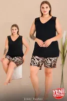 Leopar Desenli V Yaka Sıfır Kollu Büyük Beden Şortlu Pijama Takımı Lady 10438 Siyah