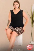 Leopar Desenli V Yaka Sıfır Kollu Büyük Beden Şortlu Pijama Takımı Lady 10438 Siyah detay görünüm