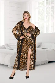 İzabel Leopar Desenli Yırtmaçlı Uzun Gecelik Sabahlık Takım İzabel 7000