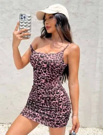 Leopar Fuşya Desenli Askılı Mini Seksi Elbise Real Passione E1044