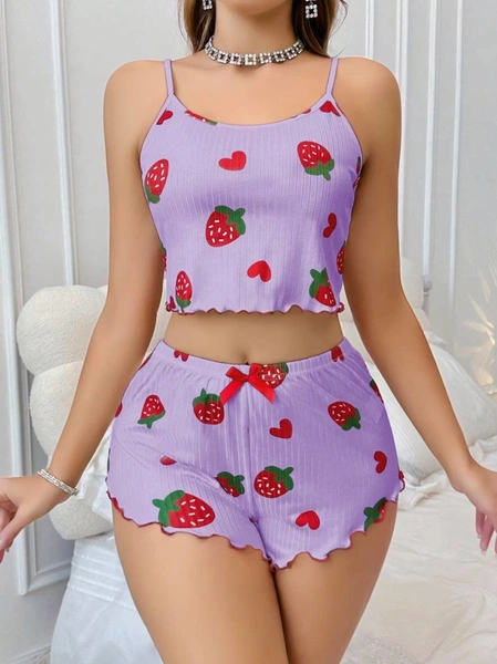 Lila Çilek Desenli Askılı Yazlık Pijama Şort Takım Lily Bianca 13103
