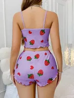Lila Çilek Desenli Askılı Yazlık Pijama Şort Takım Lily Bianca 13103 Lila detay görünüm