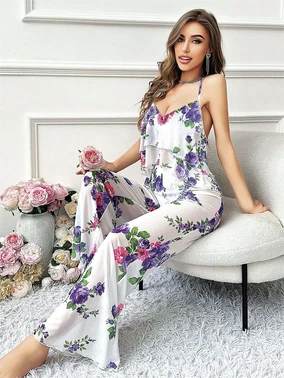 Pink Night Mavi Çiçek Desenli Beyaz Askılı Bluz Pantolon Takım Pink Night 1454