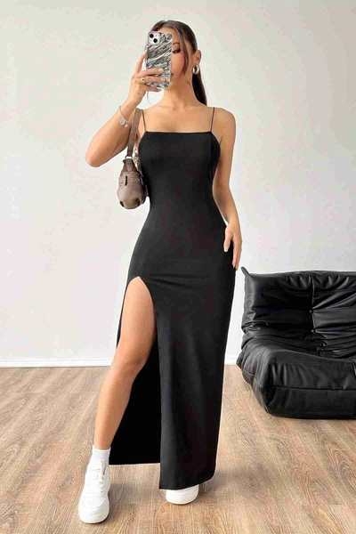 Askılı Şık Yırtmaçlı Uzun Elbise Siyah Merry See MS4427 Siyah