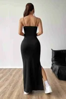 Askılı Şık Yırtmaçlı Uzun Elbise Siyah Merry See MS4427 Siyah Siyah detay görünüm