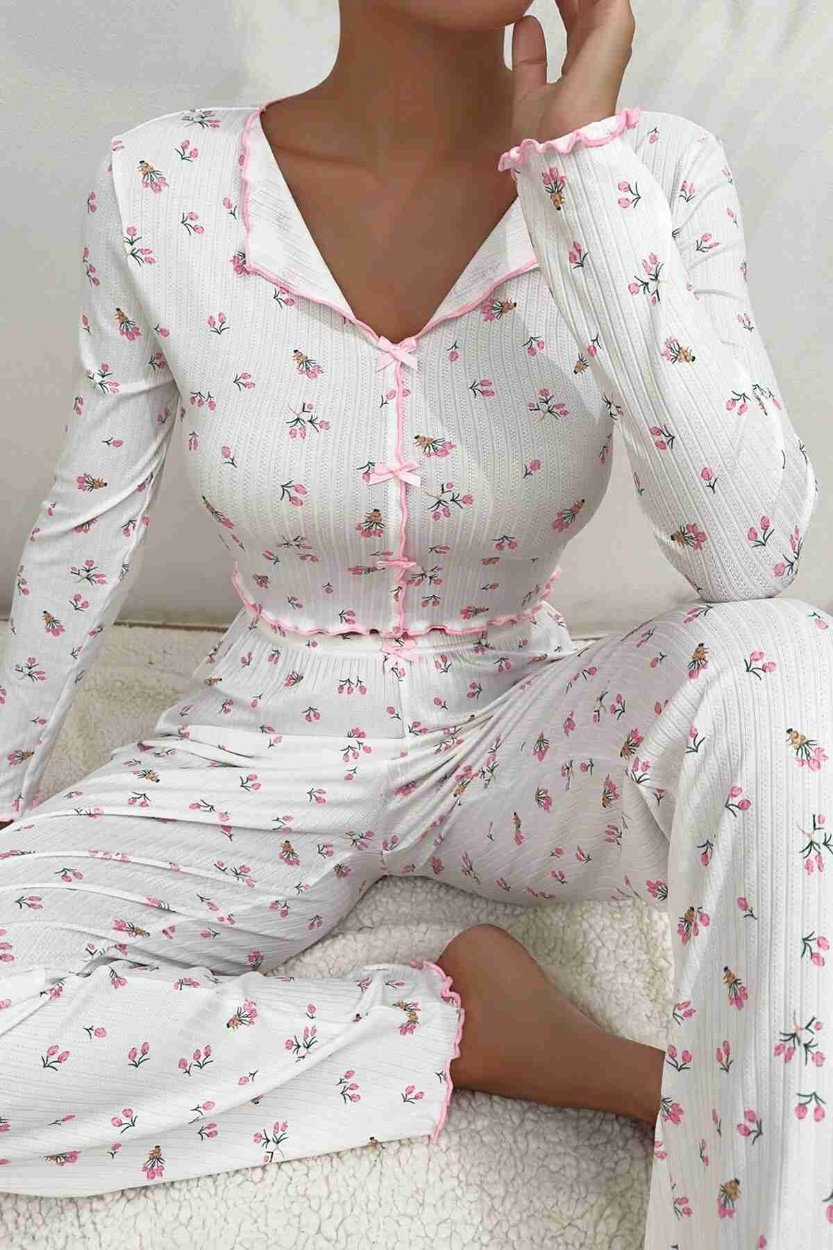 Baskılı Özel Kumaş Pijama Takımı Beyaz Merry See MS4006 Beyaz