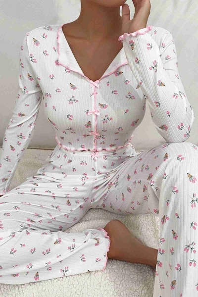 Baskılı Özel Kumaş Pijama Takımı Beyaz Merry See MS4006 Beyaz