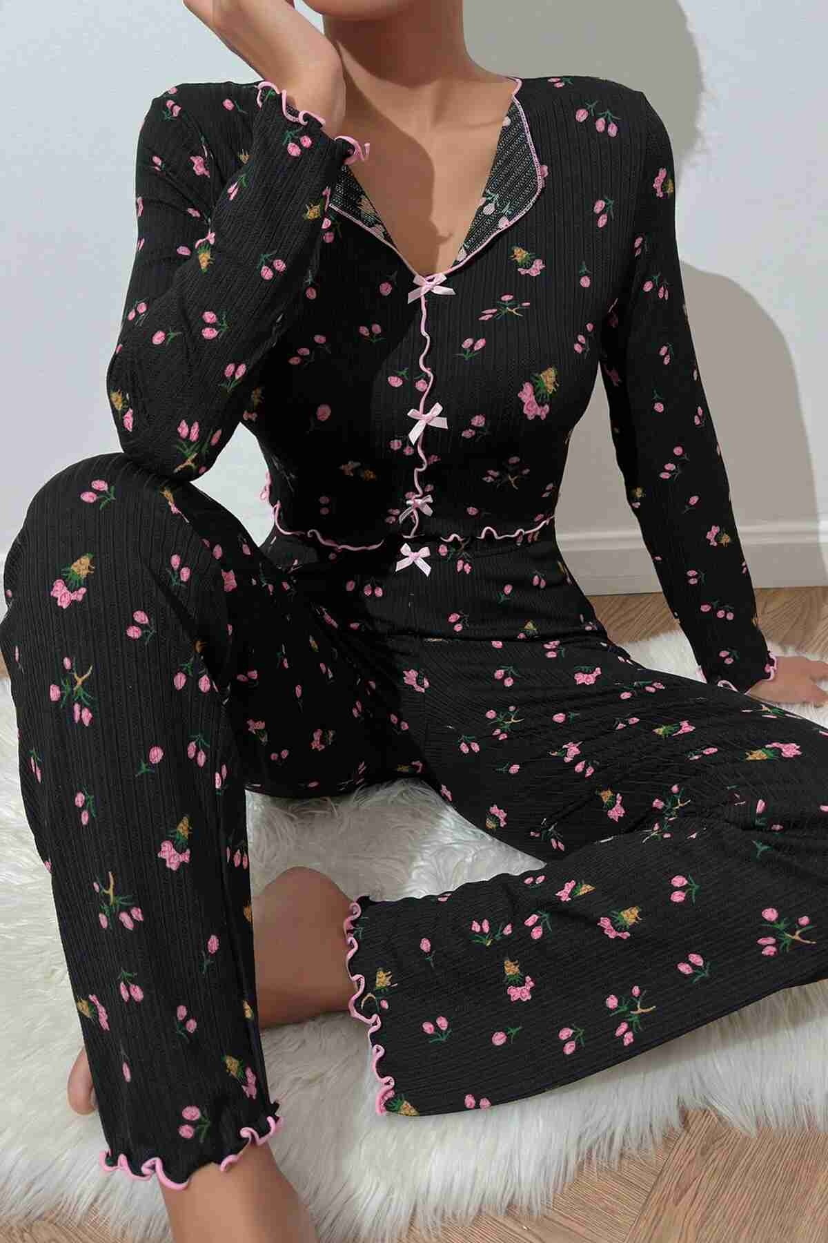Baskılı Özel Kumaş Pijama Takımı Siyah Merry See MS4006 Siyah